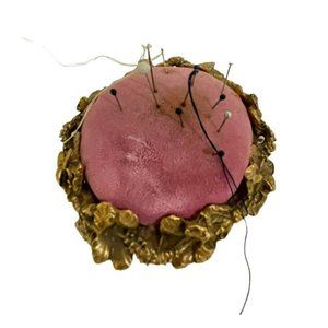 Vintage Pincushion Holder Round Heavyweight Gold Plated Floral Brown Metal 3 1/8